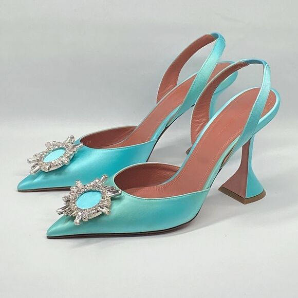 Amina Muaddi Begum Embellished Satin Slingback Pumps size 39 - Picture 5 of 14